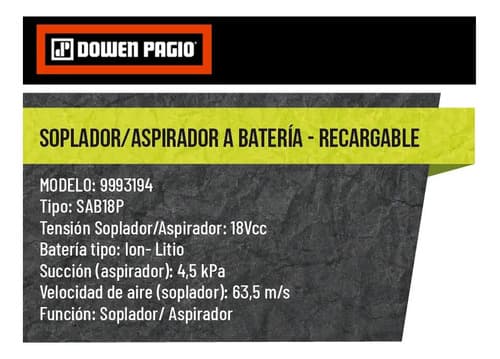 Soplador Aspiradora Bateria Litio 18v Dowen Pagio 9993194