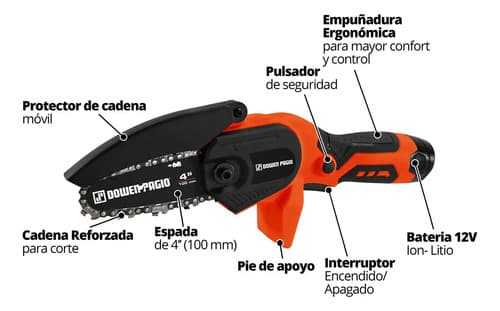 Mini Motosierra A Bateria Jardin Profesional 12v Dowen Pagio Color Naranja