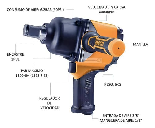 Llave De Impacto Neumatica 1 Ingco Aiw11223 1800nm Color Amarillo