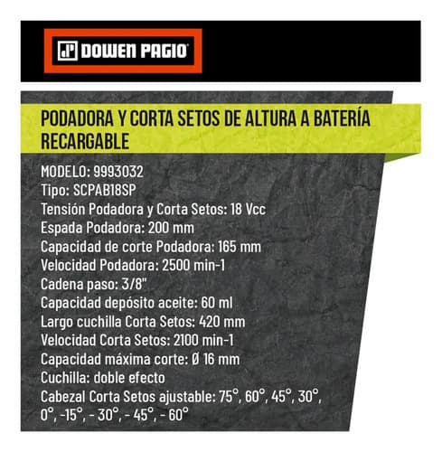Podadora Cortasetos Bateria Ionlitio 18v Dowen Pagio 9993032 Naranja