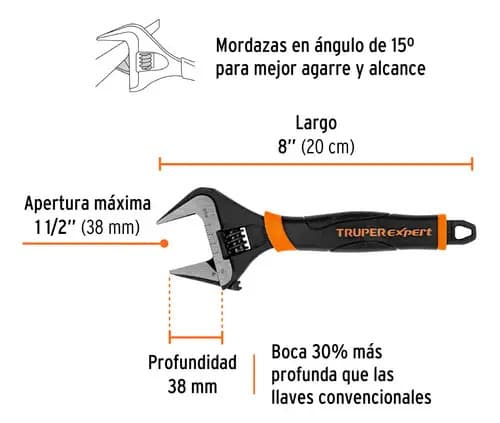 Llave Ajustable Boca Ancha 8'' Truper 101034