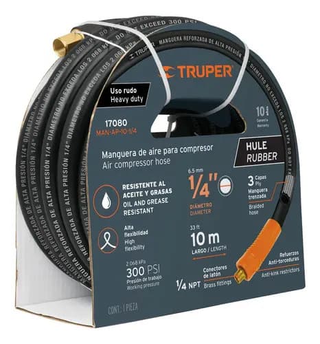 Manguera Compresor Alta Presión 1/4 Hule 300psi 10 Mt Truper Color Negro
