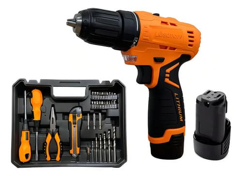 Taladro Atornillador Inalambrico Lusqtoff 2 Baterias 12v + Kit 32 Acc Naranja