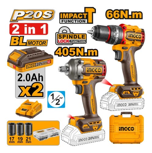 Kit Combo Ingco 20v Taladro Percutor 66nm + Llave De Impacto
