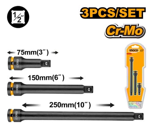 Set X 3 Barra De Extension Dado Impacto1/2 Ingco Hkiseb12031 Naranja Claro