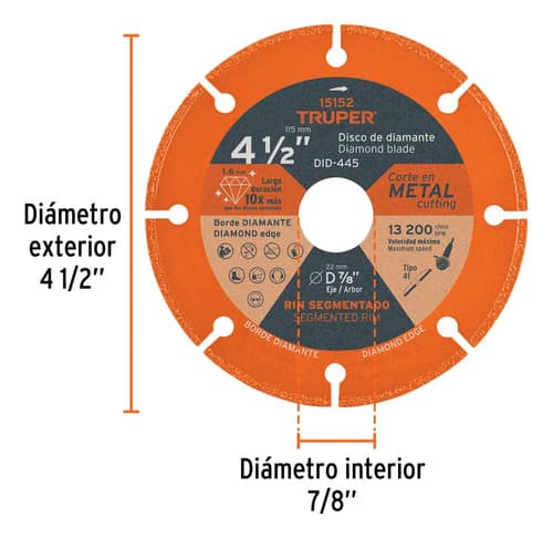 Disco De Diamante De 4-1/2 X 1.4 Mm Para Corte Metal Truper