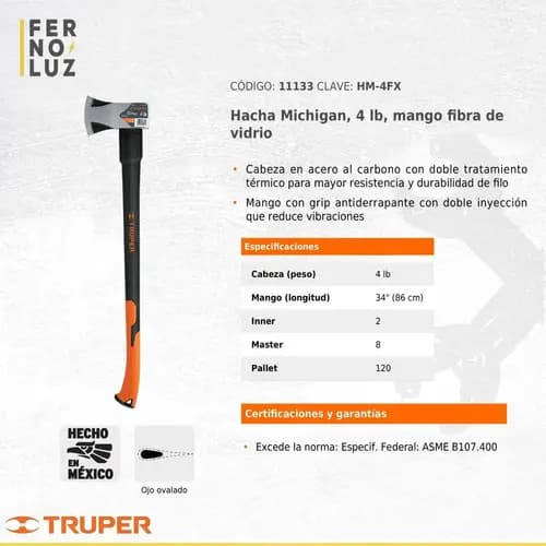 Hacha Acero Michigan 1500 Gr Mango Fibra Y Goma 85cm Truper