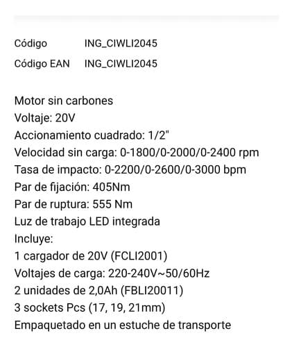Llave De Impacto 20v 405nm + 2 Bat 2.0ah  Ingco Ciwli204 Naranja Claro 20v