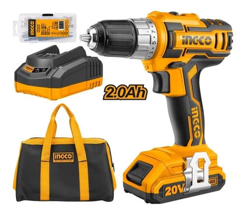 Taladro Inalámbrico Ingco 20v Con 2 Baterías Y Cargador Amarillo