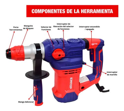 Rotomartillo Sds Plus Emtop Erhrp1502 Industrial 1500w 5.5j Color Rojo