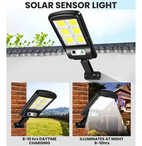 Foco Luz Exterior Solar 50w 120 Leds 6cobs Sensor Fotocelula Negro
