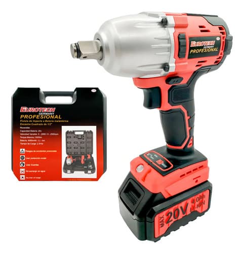 Llave Impacto Reversible Enc. 1/2 + 1 Batería 20 V. | 500 Nm | 2500 Rpm | Eurotech Rojo