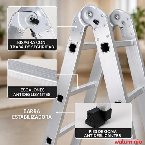 Escalera Multipropósito Aluminio Plegable 4.5m 16 Peldaños 150kg Waluminio Plateado
