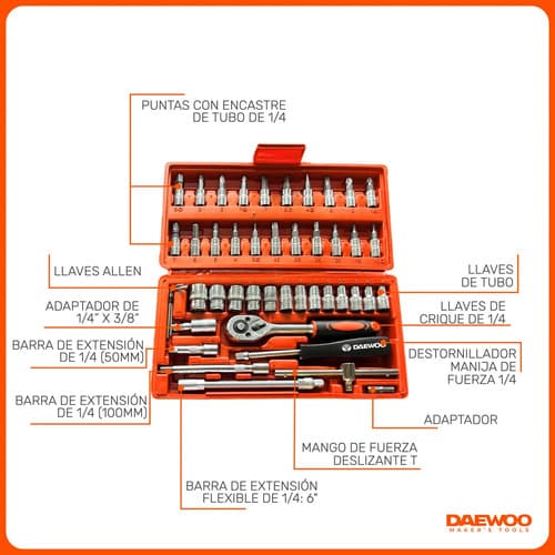 Kit Set De Herramientas Tubo Daewoo Dahts046-d 46 Piezas Color Naranja