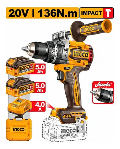 Taladro Atorn. Percutor 20v 136nm 2 Bat 5.0ah + Car + Valija Naranja Claro 20v