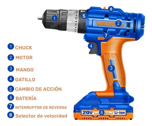 Taladro Atornillador Wadfow C/percutor + 2 Baterías 10mm Color Azul Azul Y Naranja