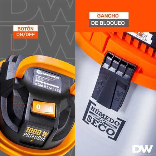 Aspiradora Tacho Polvo Y Agua Daewoo 15l 1000w + Accesorios Gris/naranja
