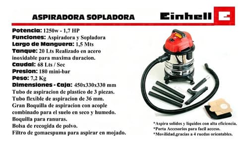 Aspiradora Industrial Einhell Expert Tc-vc 1820 S De Tambor 20 L Para Líquidos Y Sólidos Rojo/plata