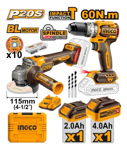 Kit Ingco Atornillador Percutor + Amoladora 20v + Accesorios Color Naranja Frecuencia 50 60hz