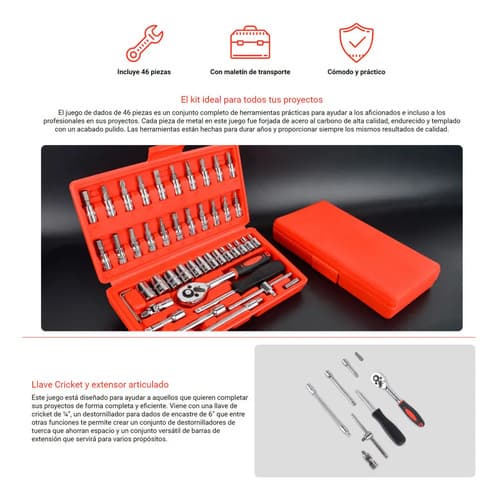 Juego De Dados Nappo 46 Piezas Llaves Cricket Maletín Rojo/negro