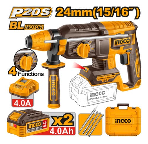 Rotomartillo A Bateria 20v 24mm + 2 Bat 4.0ah + Cargador + A Naranja Claro 50/60