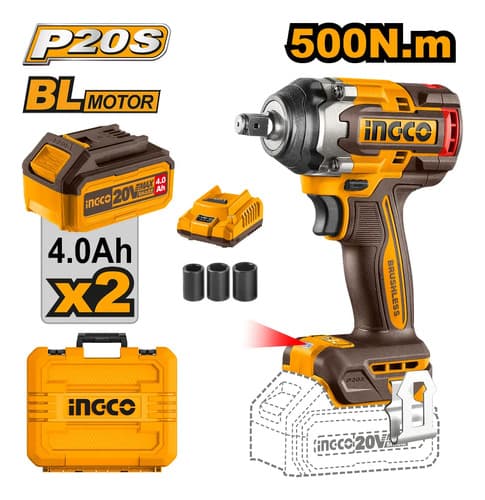Llave Impacto 500 Nm Ingco Motor Brushless 20v 2 Baterías 4. Amarillo