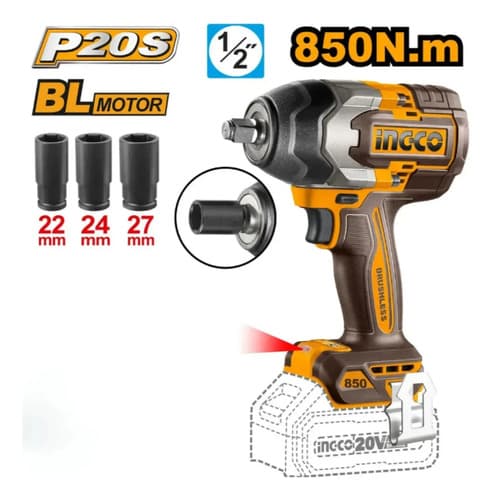 Llave De Impacto 850nm Sin Bateria Ingco Ciwli20851 Color Amarillo Frecuencia 50hz 60hz