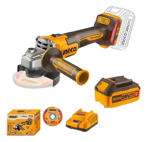 Amoladora Angular Inalambrica Ingco 115mm Bateria + 5 Discos + Cargador Cagli261521 Naranja