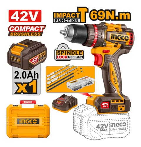 Taladro Atornillador Percutor 69nm Ingco 42v C/bat Maletin Naranja