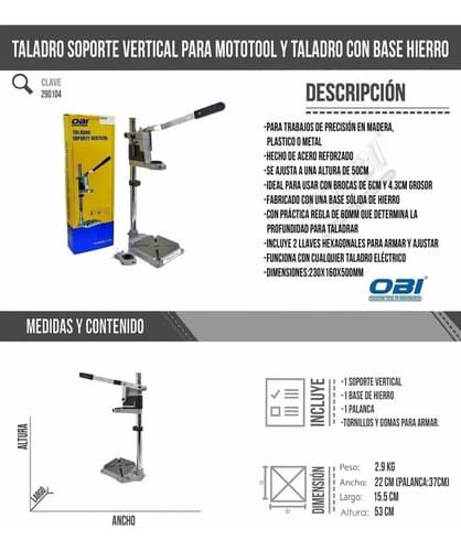 Soporte Taladro Vertical Obi 290106 Base Acero Diámetro 43mm