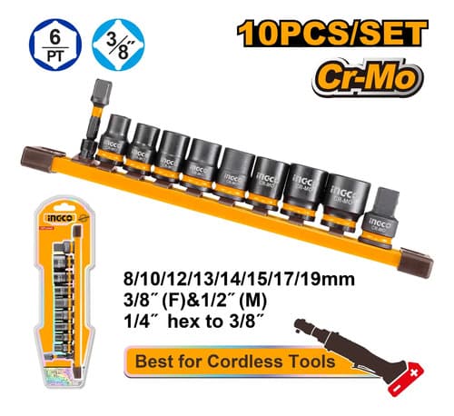 Set X 10 Dados De Impacto 3/8  Ingco Hkissd38104 Negro Y Naranja