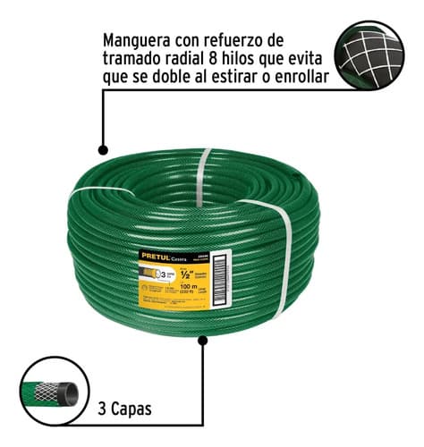 Manguera Riego Reforzada Trenzada 1/2 PuLG 13mm 100m Pretul Verde