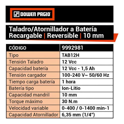 Taladro Atornillador Bateria 10 Mm 12v Dowen Pagio 9992981 Color Naranja Frecuencia 50/60