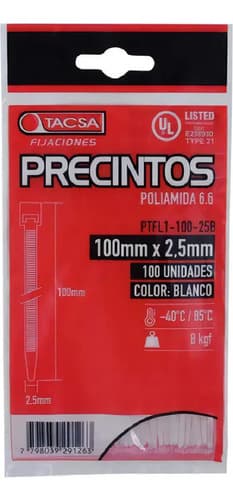Precinto Prensa Cables Tacsa Blanco De Nylon 66 Para 10 Cm X 2.5 Mm, Pack Por 100 Unidades