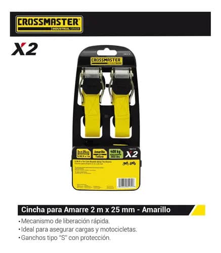 Cincha Cinta Amarre 2 Unidades 2 M X 25mm 408 Kg Crossmaster Color Amarillo