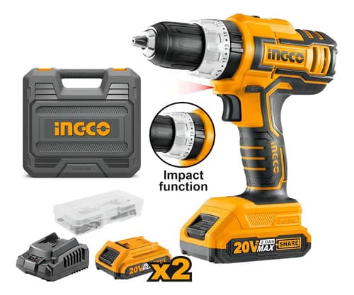 Taladro Inalámbrico Ingco 20v Con 2 Baterías Y Velocidad Variable Amarillo