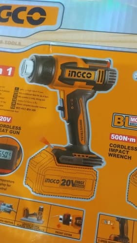 Pack Ingco 4 En 1: Llave De Impacto De 20v, Linterna Y Pistola De Calor Naranja Claro
