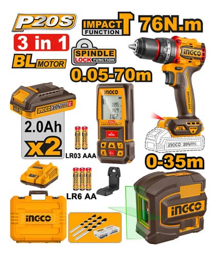 Kit Combo 20v Taladro C/percu 76nm + Nivel + Medidor Ingco