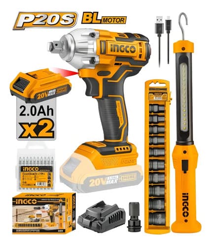 Llave De Impacto 20v 2 Baterías Sin Carbones Ingco + Acceso. Color Amarillo