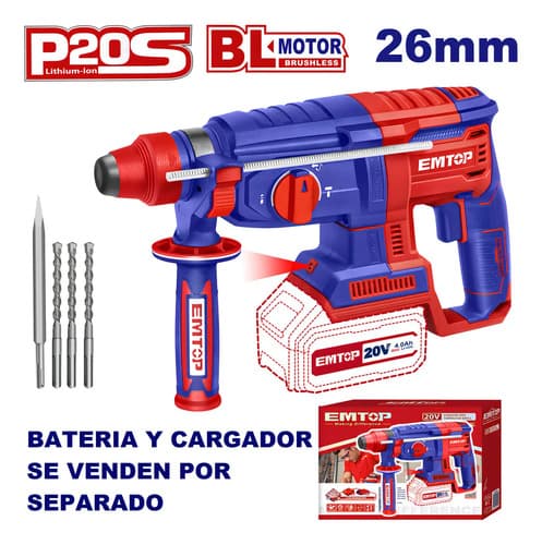 Rotomartillo Inalámbrico 20v Brushless Sds Plus Emtop 4.5j Capacidad 28 Mm Concreto Rojo 60hz