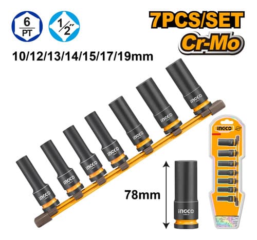 Set X7 Dados Impacto 1/2  Cr-mo Profundos Ingco Hkissd12072l Negro