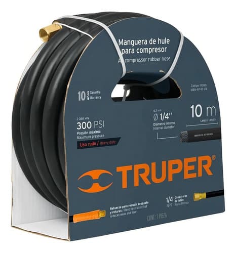 Manguera Compresor Alta Presión 1/4 Hule 300psi 10 Mt Truper Color Negro