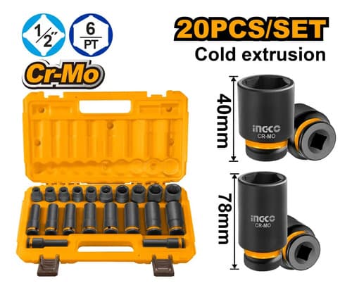 Set X20 Dados De Impacto 1/2 Cr-mo En Valija Ingco Negro