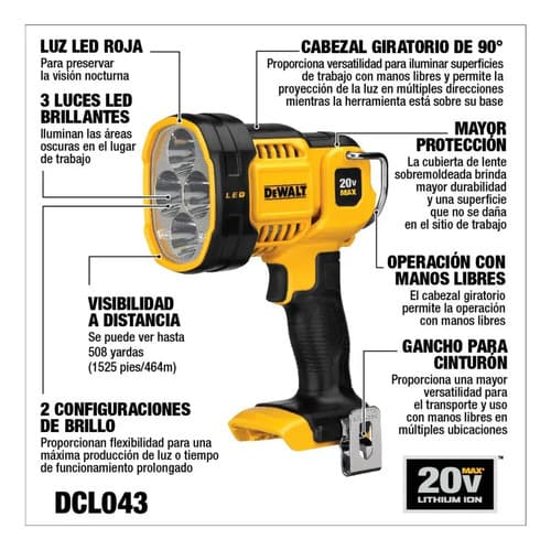 Linterna Dewalt Dcl043 Led Ion Litio 20v Sin Bateria Linterna Amarillo Luz Amarillo