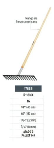 Rastrillo Reforzado, 16 Dientes, Mango 50' Truper 17888