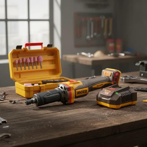 Amoladora Recta 42v 6mm + 2 Bat 2.0ah + Valija Ingco Naranja Claro 42v