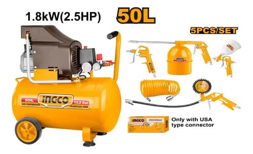 Compresor De Aire Ingco 50 Litros + Kit 5 Piezas Acoples Naranja Claro 50/60hz Monofásica