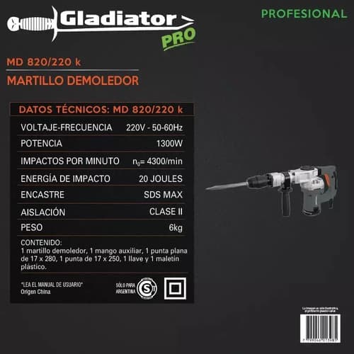 Martillo Demoledor Eléctrico Gladiator Pro Md820/220k Sds Max Gris 50hz 1.3kw 20j