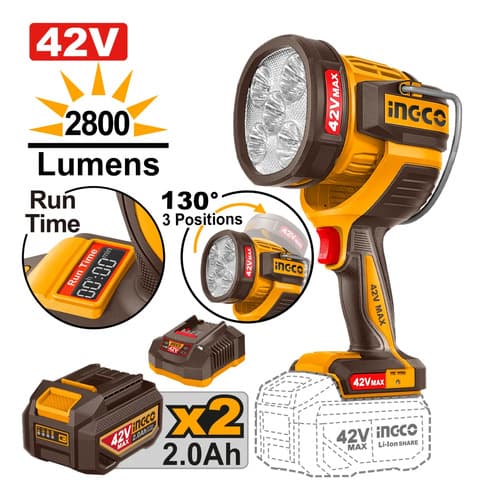 Linterna 42v 50w 2800 Lumens + 2 Bat 2.0ah Ingco Cwli42896 Blanco Amarillo