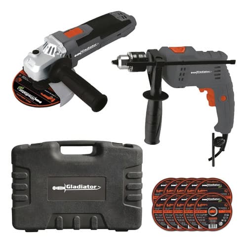 Kit Taladro Percutor + Amoladora Angular Color Gris Frecuencia 50-60hz